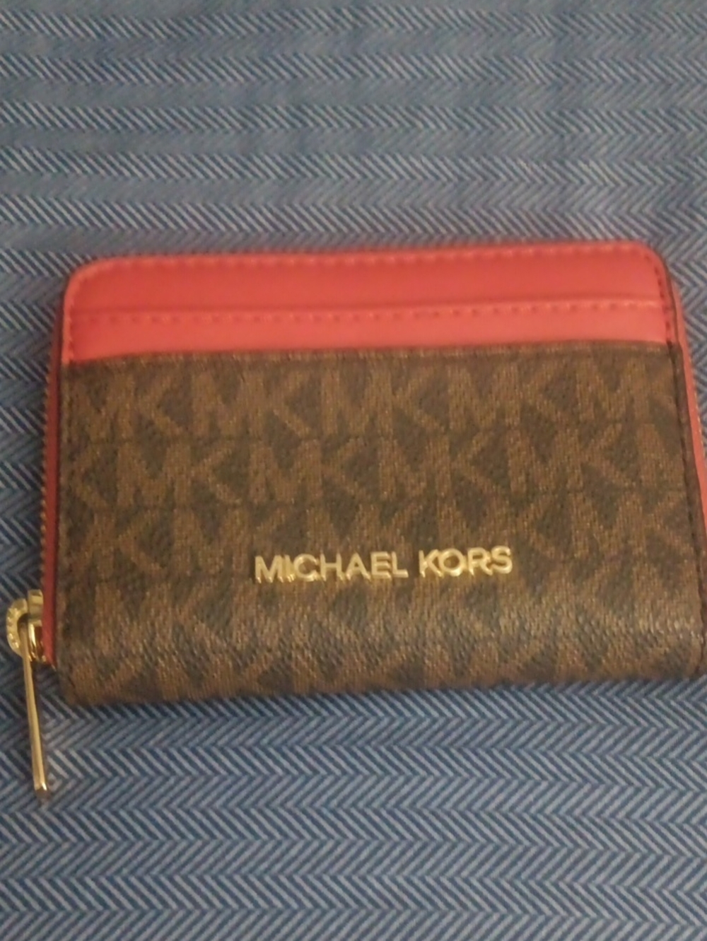 Michael Kors Brown & Red Monogram Zip Card Case